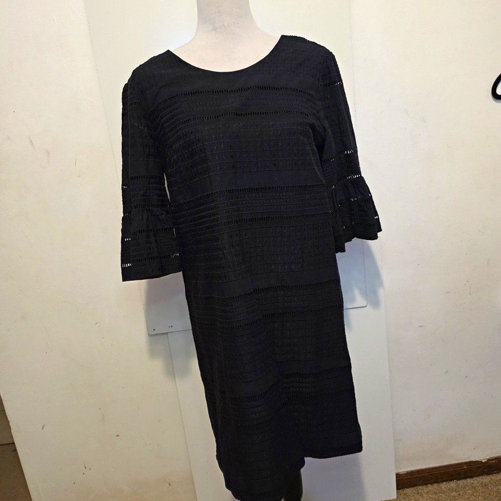 J.CREW black cotton eyelet shift dress bow back tie zip lined 3/4 bell 6